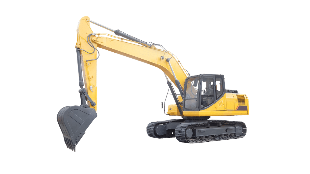 Yellow excavator machine with a large bucket and tracks on a white background.