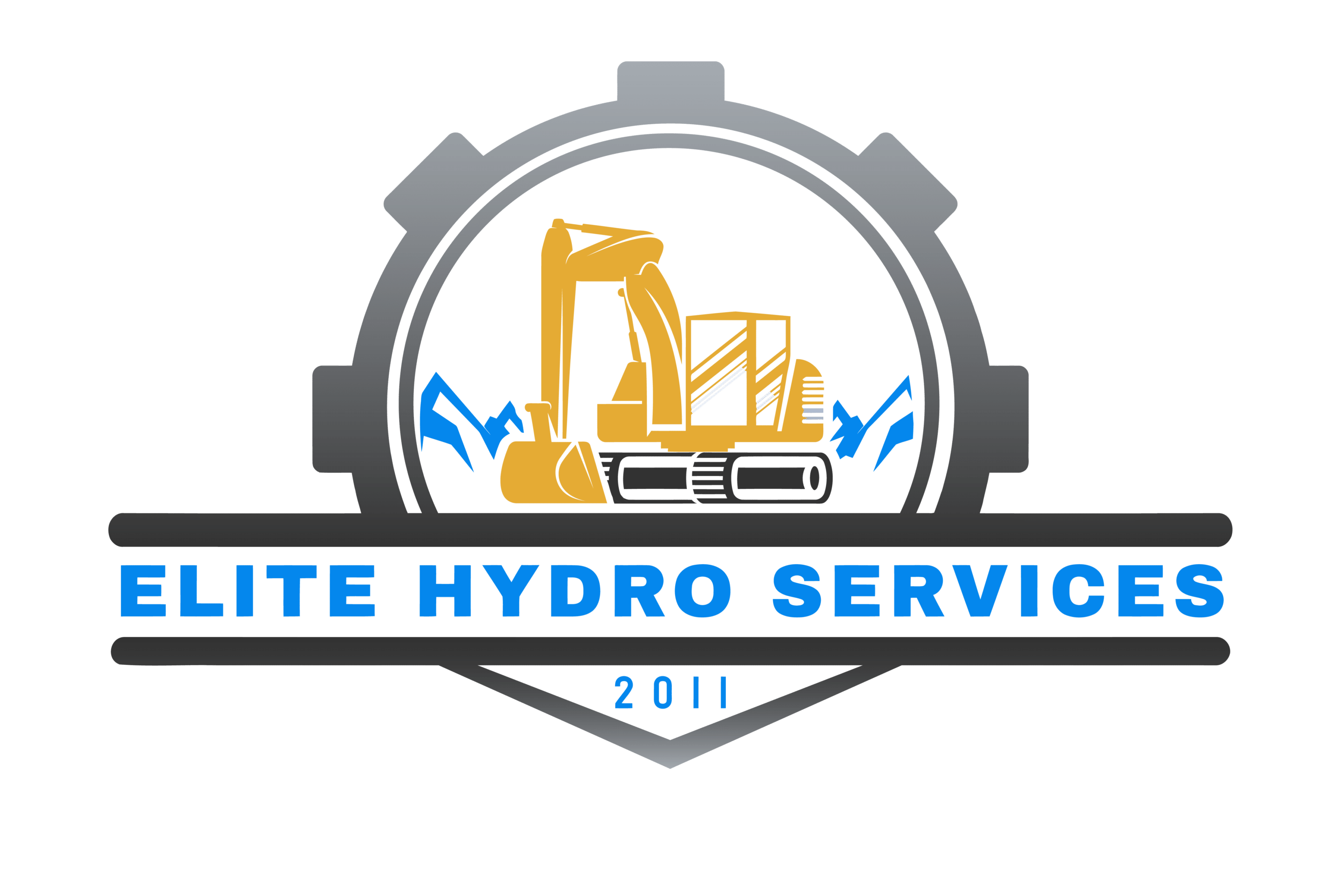 Logo of Elite Hydro Services featuring an excavator and gear design.